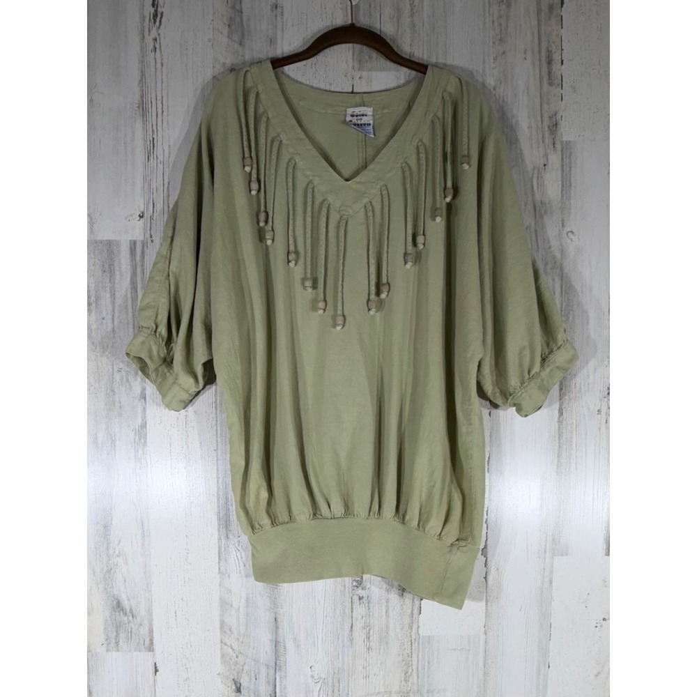 CMC Color Me Cotton Fringe Beaded‎ Dolman Sleeve Top One Size Sage Green V Neck